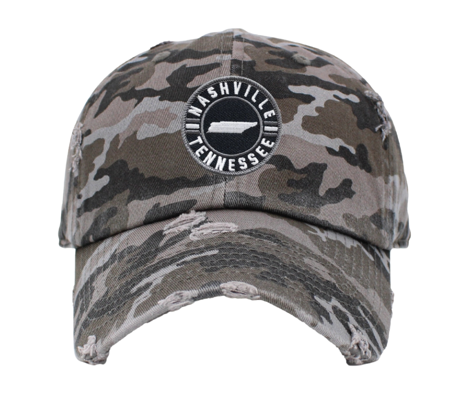 Embroidered Nashville Tennessee Patch Vintage distressed washed style 100% breathable premium cotton Pre-curved visor with 8-row stitching on visor. Matching under visor 6 panel low profile unconstructed Lightweight, durable, smooth, with a hint of stretch One size fits most, Adjustable metal buckle back closure. Shop now at our Smyrna, TN store or online.