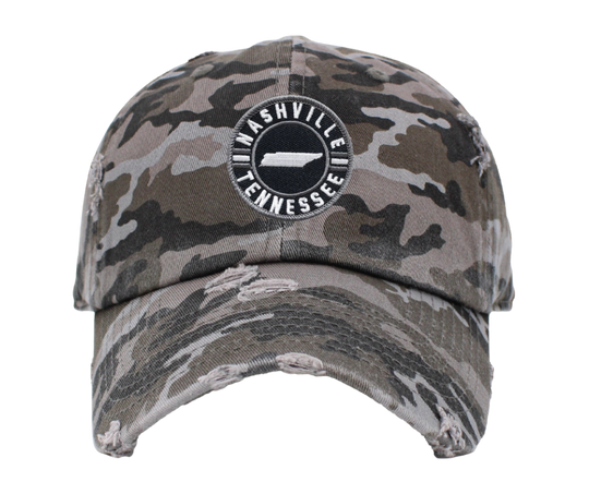 Embroidered Nashville Tennessee Patch Vintage distressed washed style 100% breathable premium cotton Pre-curved visor with 8-row stitching on visor. Matching under visor 6 panel low profile unconstructed Lightweight, durable, smooth, with a hint of stretch One size fits most, Adjustable metal buckle back closure. Shop now at our Smyrna, TN store or online.