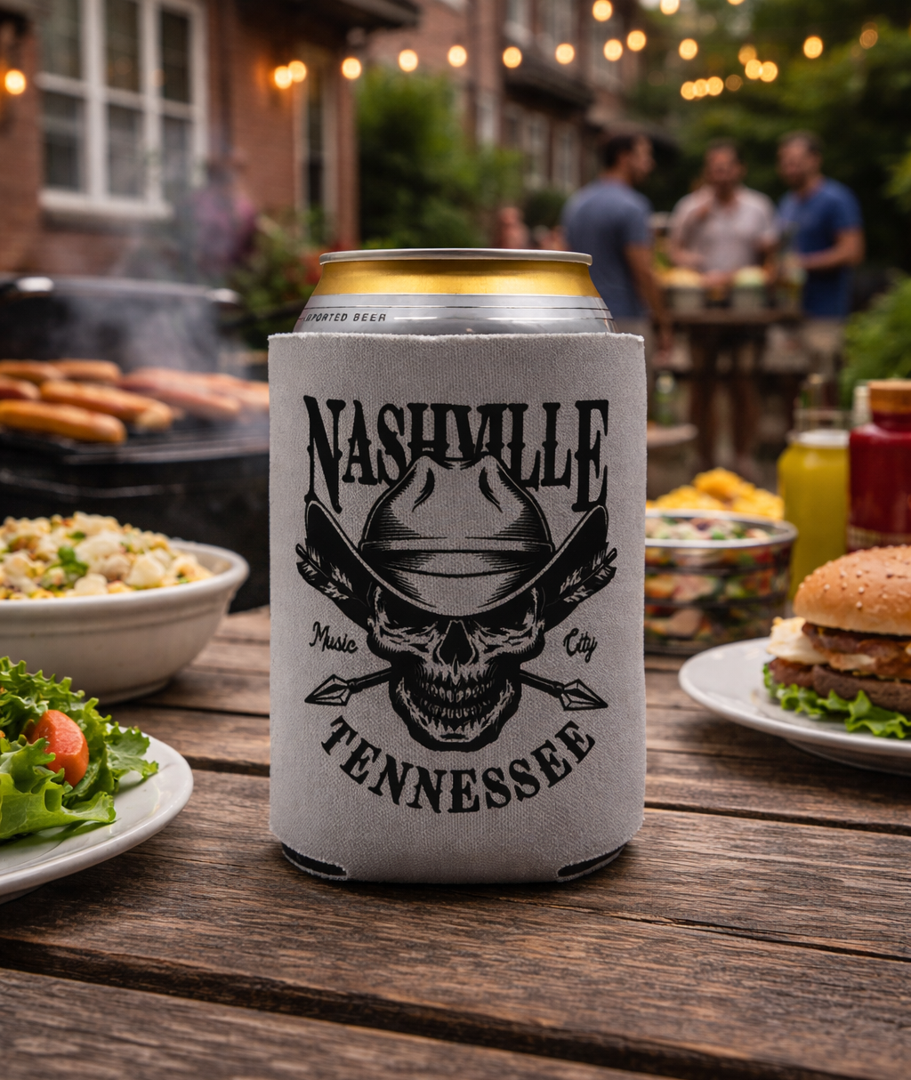 Cowboy Skull Nashville Can Cooler. These can coolers fit most 12 oz. cans and bottles and are made with polyurethane foam for premium insulation. Sublimation screen printing methods to imprint the design for the best results. Part of our Home collection at our Smyrna, TN shop.

Collapsible