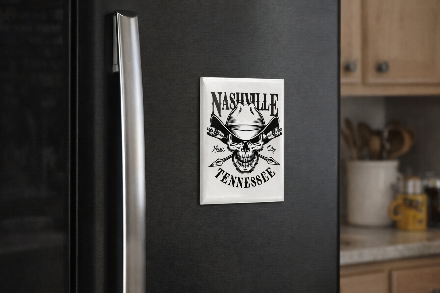 Nashville Tennessee Cowboy Skull MAGNET refrigerator magnet that you forgot to pick up on your trip here. Magnets feature a high-gloss, weather-resistant finish, a heavy magnet back and high quality, full color face print. Now part of our Smyrna, TN shop not far from Nashville.

2" by 3"