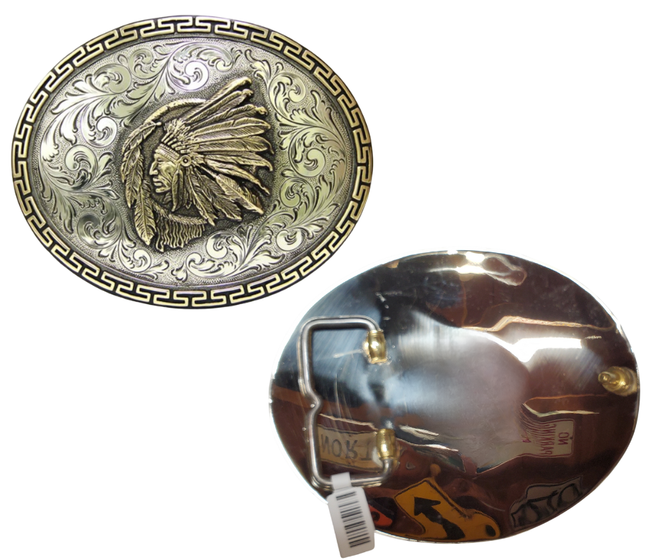 The Native Spirit is an oval buckle bordered with a continuous line of linked 52 pattern in brass. The background is an engraved western floral in silver. The center is graced with a brass Indian chief over a dream catcher. All creating an image that captures the Native Spirit. Available in our Smyrna, TN shop, a short distance from Nashville.

Dimensions: Width 4.5”, Height 3.5”
Standard 1.5” Swivel
