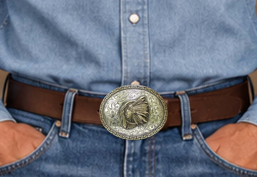 The Native Spirit is an oval buckle bordered with a continuous line of linked 52 pattern in brass. The background is an engraved western floral in silver. The center is graced with a brass Indian chief over a dream catcher. All creating an image that captures the Native Spirit. Available in our Smyrna, TN shop, a short distance from Nashville.

Dimensions: Width 4.5”, Height 3.5”
Standard 1.5” Swivel