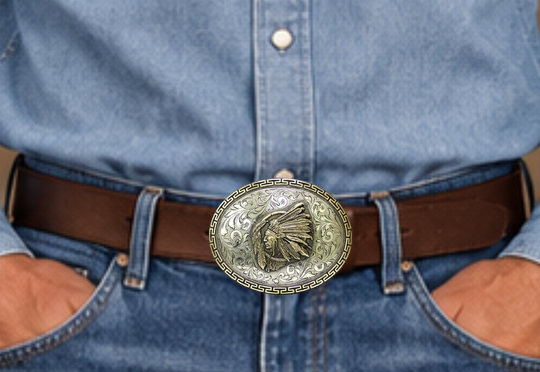The Native Spirit is an oval buckle bordered with a continuous line of linked 52 pattern in brass. The background is an engraved western floral in silver. The center is graced with a brass Indian chief over a dream catcher. All creating an image that captures the Native Spirit. Available in our Smyrna, TN shop, a short distance from Nashville.

Dimensions: Width 4.5”, Height 3.5”
Standard 1.5” Swivel