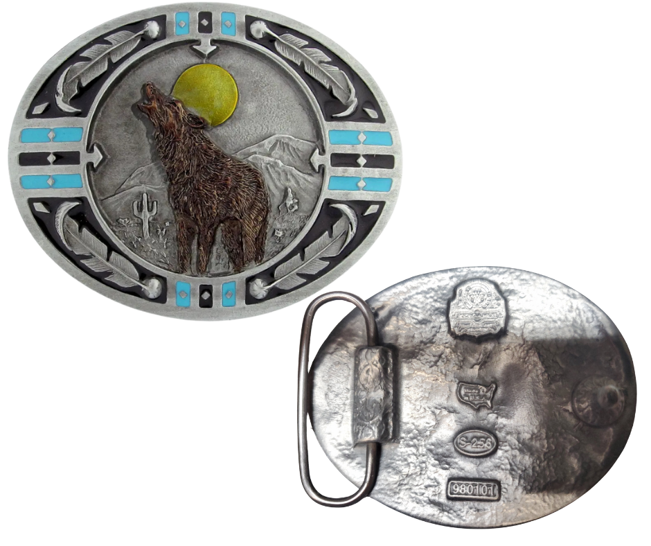 In many Native American traditions, the sound of a wolf’s howl signals upcoming change or a message from a spirit guide. Crafted in the USA, this buckle features a solid metal cast measuring 3 1/8" x 2 1/2". Made from lead-free zinc aluminum with non-toxic epoxy enamel, it fits belts up to 1 3/4". Find this Native Wolf buckle in our shop near Nashville, Smyrna, TN.