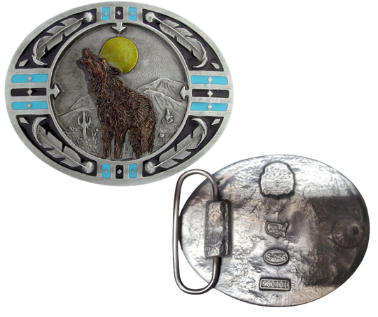 In many Native American traditions, the sound of a wolf’s howl signals upcoming change or a message from a spirit guide. Crafted in the USA, this buckle features a solid metal cast measuring 3 1/8" x 2 1/2". Made from lead-free zinc aluminum with non-toxic epoxy enamel, it fits belts up to 1 3/4". Find this Native Wolf buckle in our shop near Nashville, Smyrna, TN.