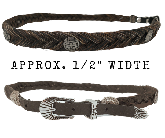 Add a touch of Navajo cross conchos to your hat by using our Authentic Horse Hair hatband, approximately 1/2 inch wide. This hatband is finished with leather ends and a 3 piece style buckle adjustable closure, and can fit most hats. It is suitable for various hat styles and western crowned hats. You can find it at our shop in Smyrna, Tn. Each piece is crafted in Montana using horsehair mainly sourced from Argentina, Mongolia, and Canada.
