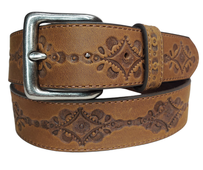 Inspired by the Southwest, the Navajo Sand Belt features the same stamping techniques on its leather strap and silver-plate buckle. Made in the USA from cowhide in a Aged bark color embossed with a southwest influenced pattern with stitching down each side on a 1 1/2" width strap. Available at our Smyrna, TN shop outside of Nashville.