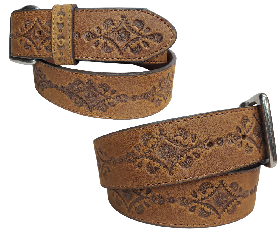 Inspired by the Southwest, the Navajo Sand Belt features the same stamping techniques on its leather strap and silver-plate buckle. Made in the USA from cowhide in a Aged bark color embossed with a southwest influenced pattern with stitching down each side on a 1 1/2" width strap. Available at our Smyrna, TN shop outside of Nashville.