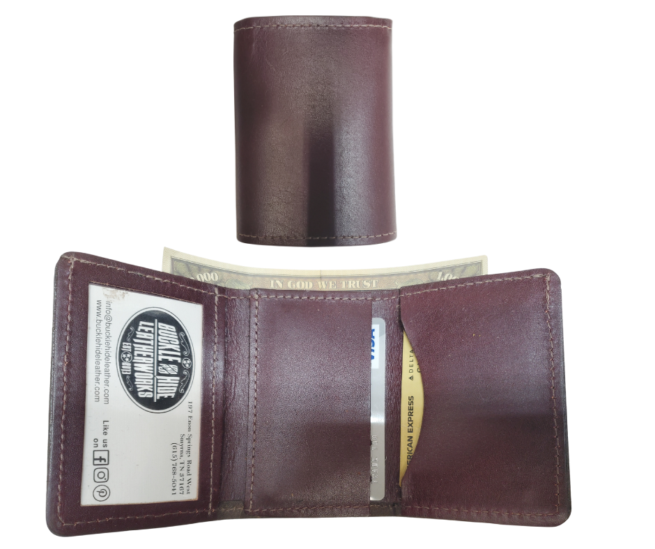 Made right here in the USA. Just leather and thread that's it. These don't have 43 pockets but are made well. If you just carry the basics these are what work for you. Just a few left. See them at our our Smyrna, TN shop just outside Nashville.