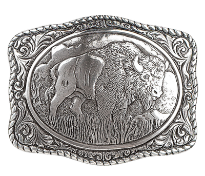This western buckle features a timeless floral design with the legendary Old Bison at its center, complemented by a rope edge. The rectangular shape makes it a easy wear on the mid body area. It measures 2-3/4 X 3-1/2 and can be found in our Smyrna, TN shop just outside Nashville. Fit's standard 1 1/2" belts.