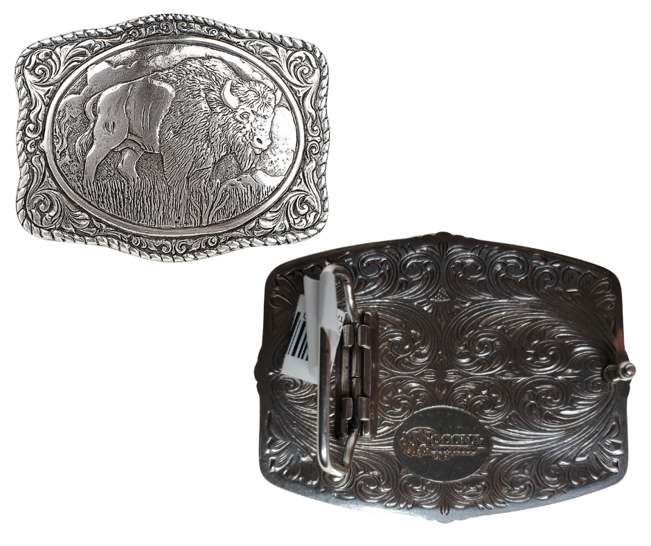 This western buckle features a timeless floral design with the legendary Old Bison at its center, complemented by a rope edge. The rectangular shape makes it a easy wear on the mid body area. It measures 2-3/4 X 3-1/2 and can be found in our Smyrna, TN shop just outside Nashville. Fit's standard 1 1/2" belts.