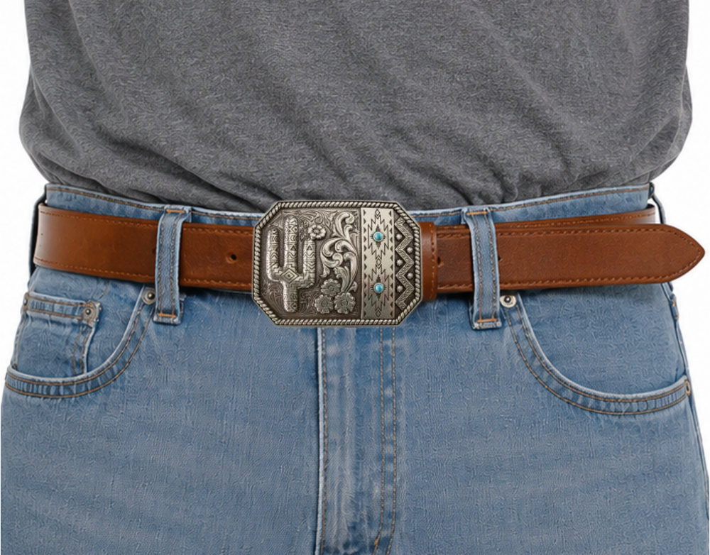 Experience the warmth of a Desert Skies Night with this classic western belt buckle. Featuring a combination of traditional rope edge scroll patterns and Southwest designs, adorned with two small Turquoise stones, this piece will transport you to a beautiful place. Don't miss out on the opportunity to add this unique item to your collection, whether you visit our store in Smyrna, TN or shop online. Imported.