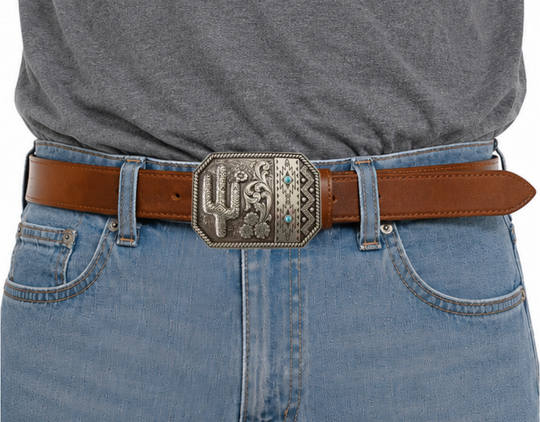 Experience the warmth of a Desert Skies Night with this classic western belt buckle. Featuring a combination of traditional rope edge scroll patterns and Southwest designs, adorned with two small Turquoise stones, this piece will transport you to a beautiful place. Don&