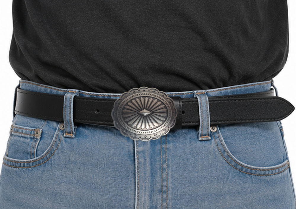 This Spanish-inspired "Concha" buckle from Nocona is an Arizona/New Mexico classic. Antiqued to vintage perfection, it's 2 1/2" tall by 3" wide for belts up to 1 1/2". Get yours at our shop in Smyrna, TN (or Nashville's back door) or online . Imported