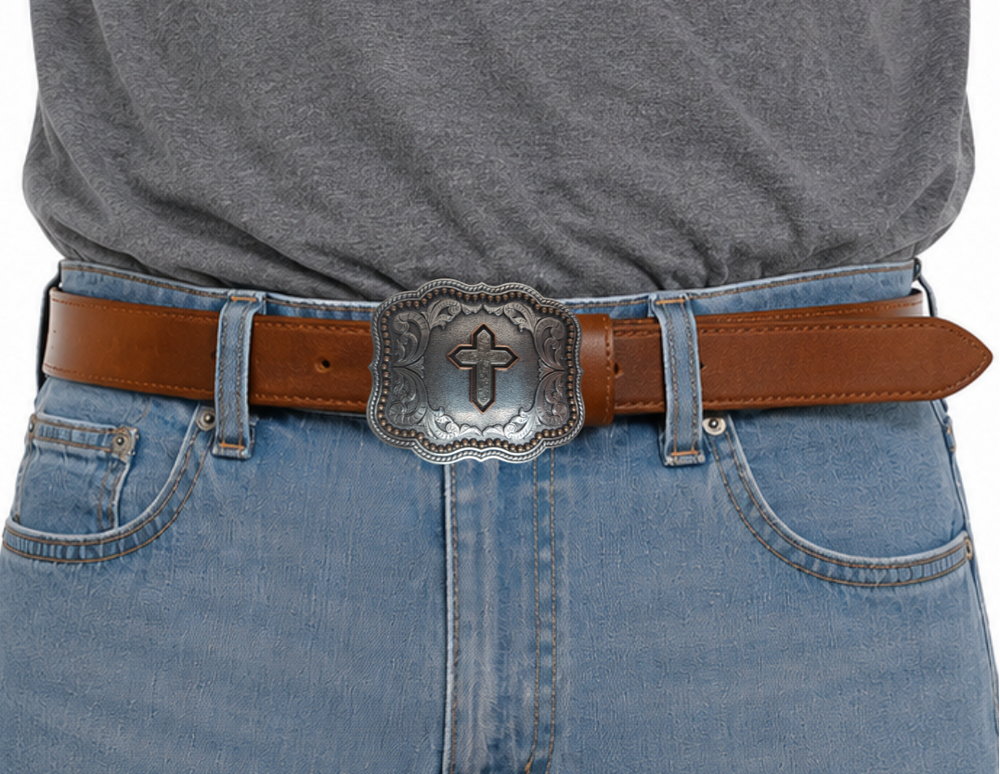 Western scrolls, rope and berry-designs on the border and a Cross in the center make this antique-silver & copper-accented buckle uniquely stylish. At 3" tall and 4" wide, it'll fit belts up to 1.5" wide. Swing by our Smyrna, TN store (just outside Nashville) to purchase yours - or find it on our online store! Imported