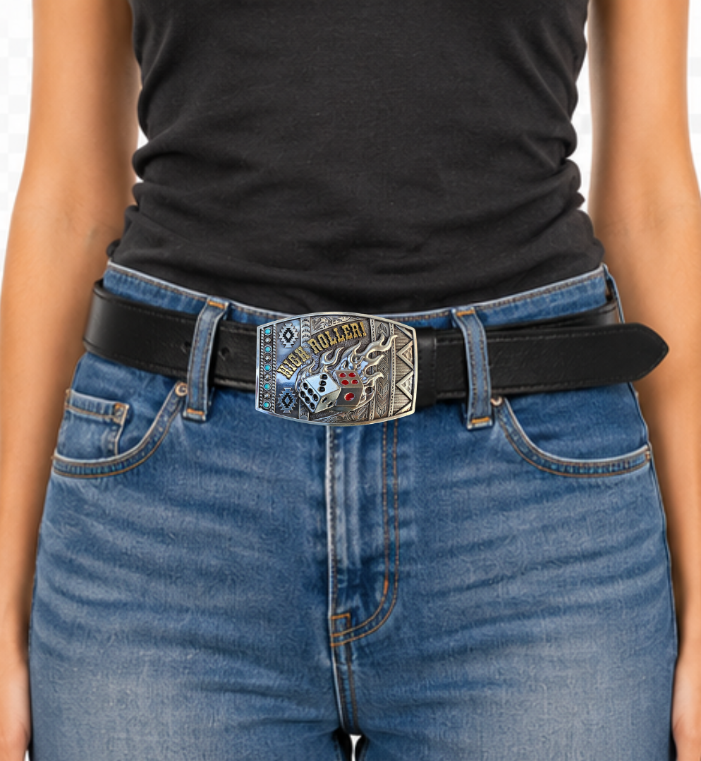 Gamble with a mix Southwest design, Dice and Flames and you get the High Roller Buckle. This rounded rectangular belt buckle features Antique Silver-color with Black and Red Pips finished off with the words HIGH ROLLER in a brass tone. You can find it at our retail shop in Smyrna, TN, located just outside of Nashville.
Measuring 3" tall by 4" wide
Fit&