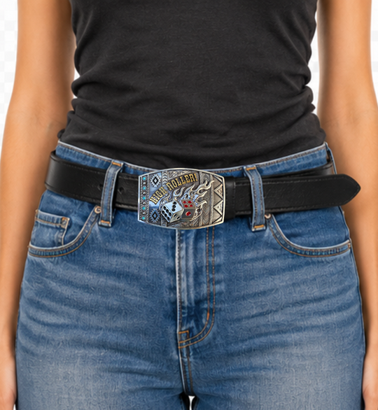 Gamble with a mix Southwest design, Dice and Flames and you get the High Roller Buckle. This rounded rectangular belt buckle features Antique Silver-color with Black and Red Pips finished off with the words HIGH ROLLER in a brass tone. You can find it at our retail shop in Smyrna, TN, located just outside of Nashville.
Measuring 3" tall by 4" wide
Fit&