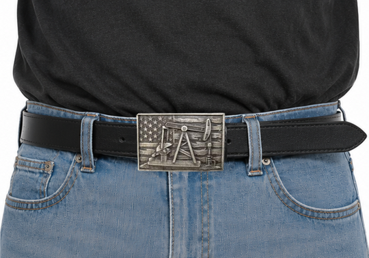The Pump Jack Buckle features a rectangular design showcasing an oil rig pump jack against a weathered American flag backdrop. Crafted from zinc and iron with a dark antique silver finish, it measures about 2 1/2" by 3 3/4" and fits a standard 1 1/2" belt. Grab yours online or visit our Smyrna, TN shop near Nashville to add some rugged charm to your look!