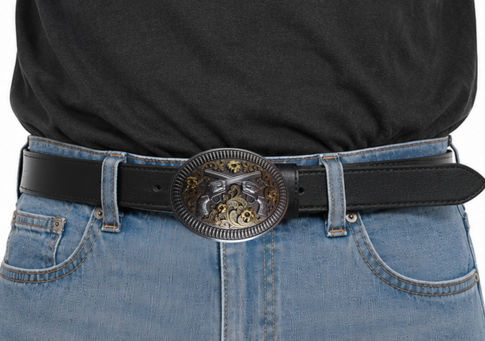 Dress up your favorite belt with this Nocona Crossed P****l buckle Complete with B****t holes and Shells around the edge Measures 2-1/2" tall x 3-1/4" wide  Available also in our Smyrna, TN shop just outside Nashville