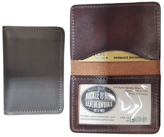 Made right here in the USA. Just leather and thread that's it. These don't have 43 pockets but are made well. If you just carry the basics these are what work for you. Just a few left. See them at our our Smyrna, TN shop just outside Nashville.