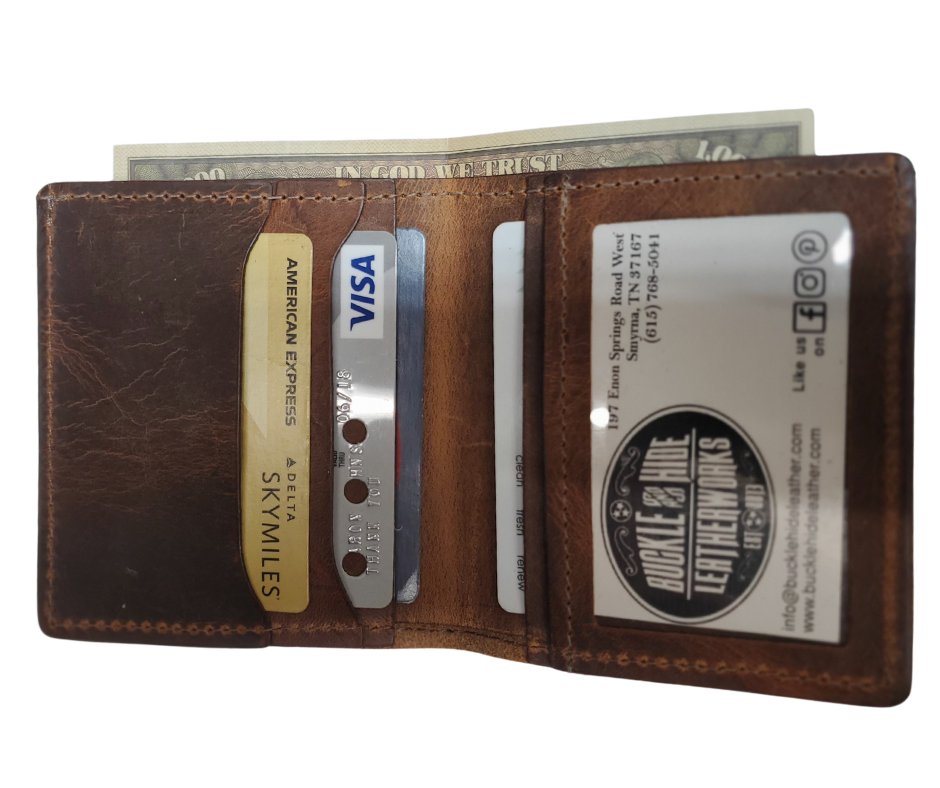 Made right here in the USA. Just leather and thread that's it. These don't have 43 pockets but are made well. If you just carry the basics these are what work for you. Just a few left. See them at our our Smyrna, TN shop just outside Nashville.
