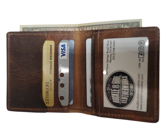 Made right here in the USA. Just leather and thread that's it. These don't have 43 pockets but are made well. If you just carry the basics these are what work for you. Just a few left. See them at our our Smyrna, TN shop just outside Nashville.