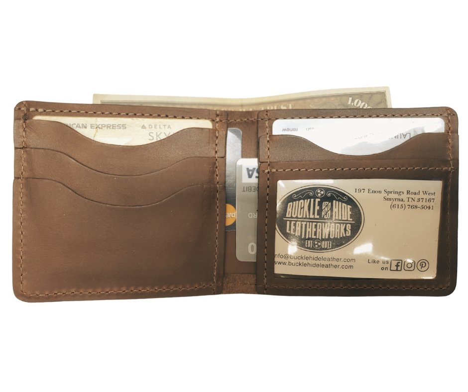 Made right here in the USA. Just leather and thread that's it. These don't have 43 pockets but are made well. If you just carry the basics these are what work for you. Just a few left. See them at our our Smyrna, TN shop just outside Nashville.
