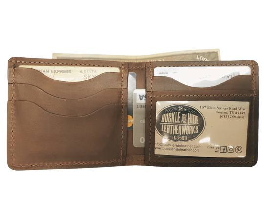 Made right here in the USA. Just leather and thread that's it. These don't have 43 pockets but are made well. If you just carry the basics these are what work for you. Just a few left. See them at our our Smyrna, TN shop just outside Nashville.