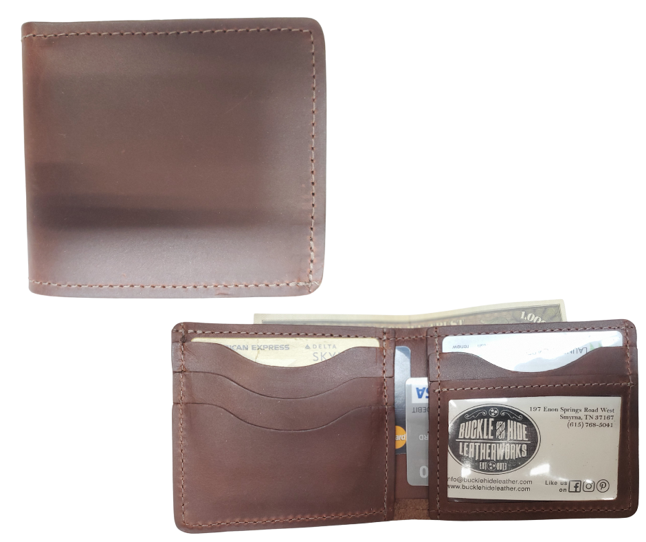 Made right here in the USA. Just leather and thread that's it. These don't have 43 pockets but are made well. If you just carry the basics these are what work for you. Just a few left. See them at our our Smyrna, TN shop just outside Nashville.