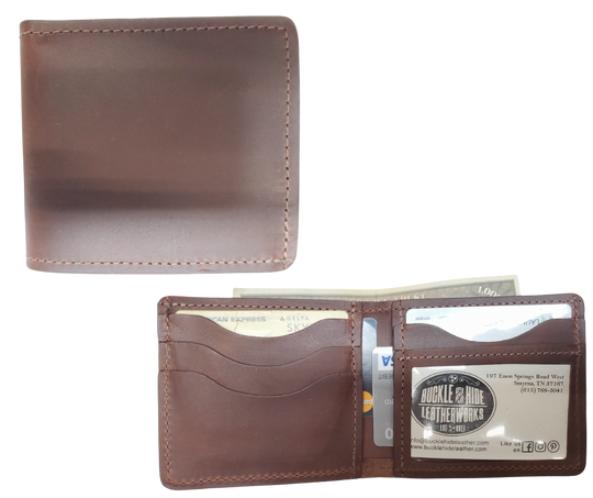 Made right here in the USA. Just leather and thread that's it. These don't have 43 pockets but are made well. If you just carry the basics these are what work for you. Just a few left. See them at our our Smyrna, TN shop just outside Nashville.