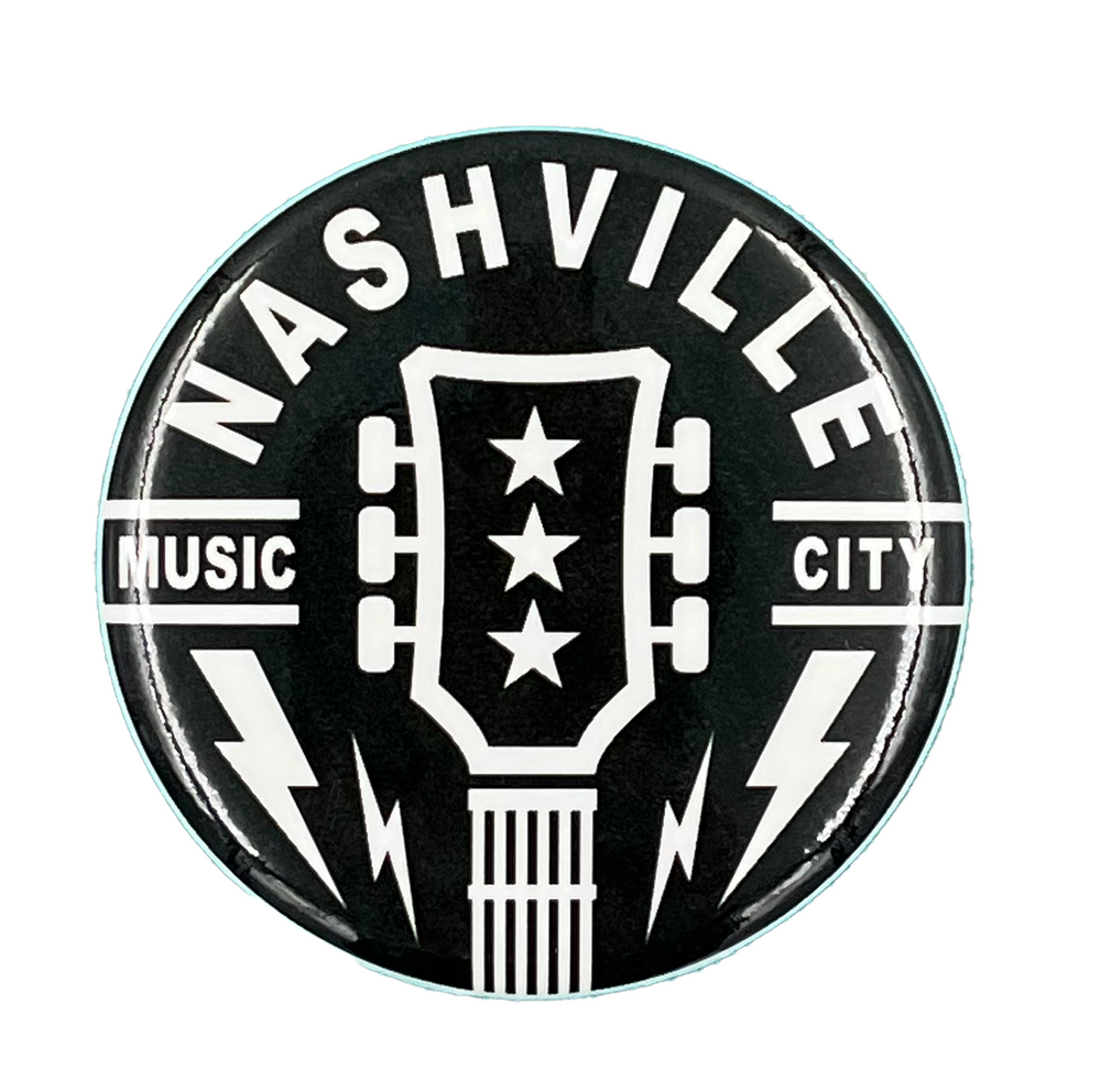 Nashville Music City Guitar refrigerator magnet with a diameter of 2.25". This is a durable and functional fridge magnet featuring a high-gloss, weather-resistant finish, a heavy magnet back and high quality, full color face print on brilliant white paper stock for the best quality. Available in or Smyrna Tn shop, not far from Nashville.