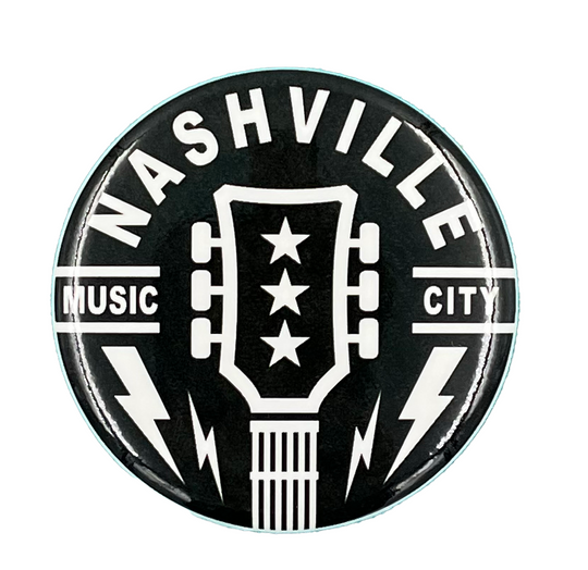 Nashville Music City Guitar refrigerator magnet with a diameter of 2.25". This is a durable and functional fridge magnet featuring a high-gloss, weather-resistant finish, a heavy magnet back and high quality, full color face print on brilliant white paper stock for the best quality. Available in or Smyrna Tn shop, not far from Nashville.