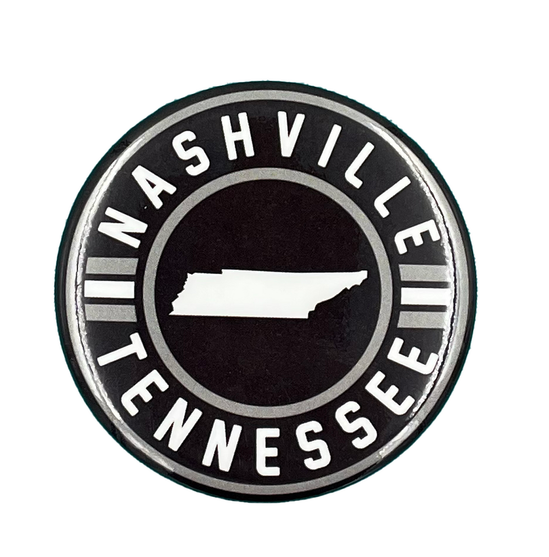 Nashville Tennessee refrigerator magnet with a diameter of 2.25". This is a durable and functional fridge magnet featuring a high-gloss, weather-resistant finish, a heavy magnet back and high quality, full color face print on brilliant white paper stock for the best quality. Available in or Smyrna Tn shop, not far from Nashville.