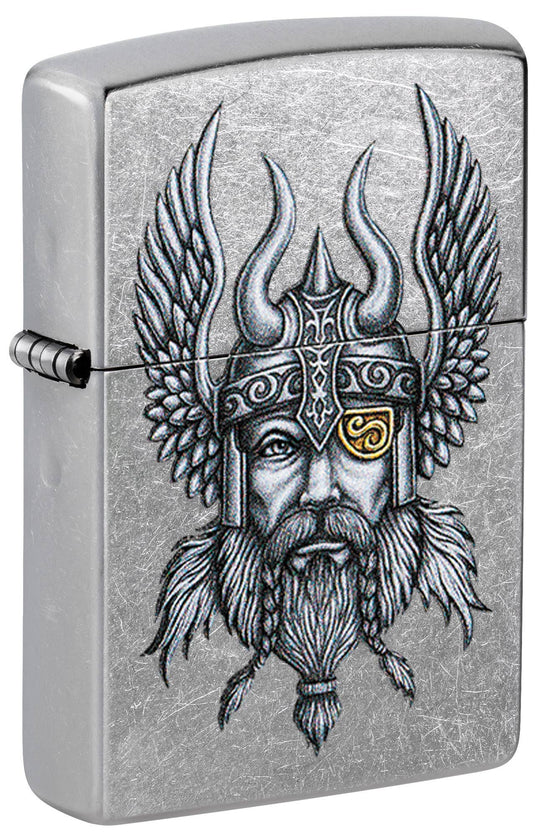 This Nordic Viking is a digitally-transferred color image on a Street Chrome™ lighter. All metal construction; windproof design works virtually anywhere. Refillable for a lifetime of use. Comes packaged in a gift box. Available in our Smyrna, TN shop.

Made in USA
Fuel: Zippo lighter fuel (sold separately)
Lighter Specs: Height: 2.25" Width: 0.5" Depth: 1.5" Weight: 2.0 oz
Lifetime guarantee that "it works or we fix it free™" Zippo contact info on gift box.