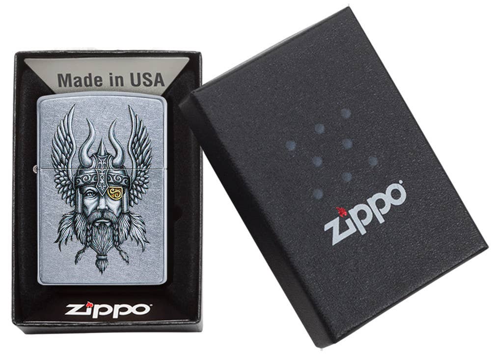 This Nordic Viking is a digitally-transferred color image on a Street Chrome™ lighter. All metal construction; windproof design works virtually anywhere. Refillable for a lifetime of use. Comes packaged in a gift box. Available in our Smyrna, TN shop.

Made in USA
Fuel: Zippo lighter fuel (sold separately)
Lighter Specs: Height: 2.25" Width: 0.5" Depth: 1.5" Weight: 2.0 oz
Lifetime guarantee that "it works or we fix it free™" Zippo contact info on gift box.