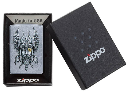 This Nordic Viking is a digitally-transferred color image on a Street Chrome™ lighter. All metal construction; windproof design works virtually anywhere. Refillable for a lifetime of use. Comes packaged in a gift box. Available in our Smyrna, TN shop.

Made in USA
Fuel: Zippo lighter fuel (sold separately)
Lighter Specs: Height: 2.25" Width: 0.5" Depth: 1.5" Weight: 2.0 oz
Lifetime guarantee that "it works or we fix it free™" Zippo contact info on gift box.