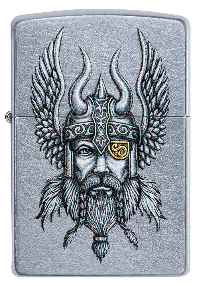 This Nordic Viking is a digitally-transferred color image on a Street Chrome™ lighter. All metal construction; windproof design works virtually anywhere. Refillable for a lifetime of use. Comes packaged in a gift box. Available in our Smyrna, TN shop.

Made in USA
Fuel: Zippo lighter fuel (sold separately)
Lighter Specs: Height: 2.25" Width: 0.5" Depth: 1.5" Weight: 2.0 oz
Lifetime guarantee that "it works or we fix it free™" Zippo contact info on gift box.