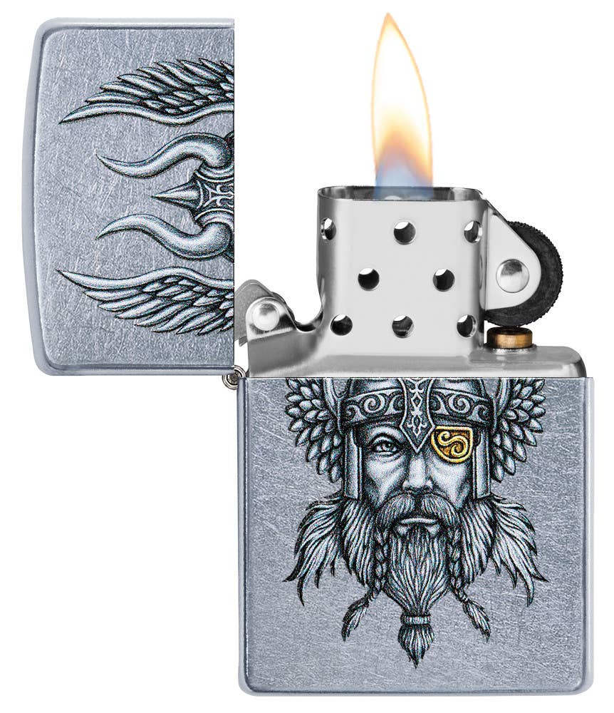 This Nordic Viking is a digitally-transferred color image on a Street Chrome™ lighter. All metal construction; windproof design works virtually anywhere. Refillable for a lifetime of use. Comes packaged in a gift box. Available in our Smyrna, TN shop.

Made in USA
Fuel: Zippo lighter fuel (sold separately)
Lighter Specs: Height: 2.25" Width: 0.5" Depth: 1.5" Weight: 2.0 oz
Lifetime guarantee that "it works or we fix it free™" Zippo contact info on gift box.