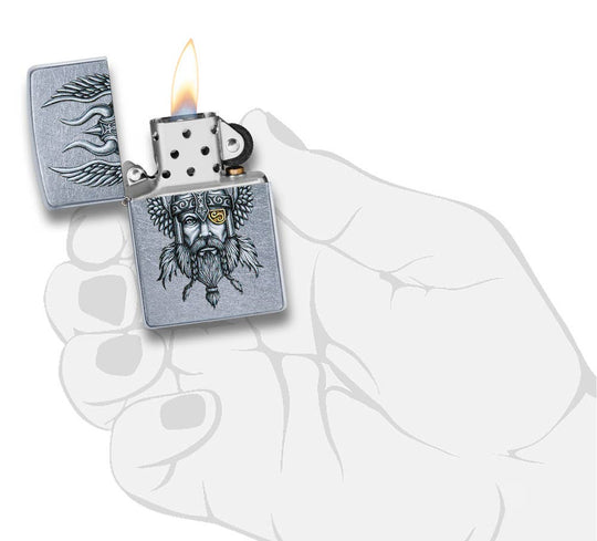 This Nordic Viking is a digitally-transferred color image on a Street Chrome™ lighter. All metal construction; windproof design works virtually anywhere. Refillable for a lifetime of use. Comes packaged in a gift box. Available in our Smyrna, TN shop.

Made in USA
Fuel: Zippo lighter fuel (sold separately)
Lighter Specs: Height: 2.25" Width: 0.5" Depth: 1.5" Weight: 2.0 oz
Lifetime guarantee that "it works or we fix it free™" Zippo contact info on gift box.