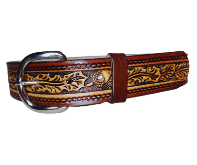 This leather belt features a gorgeous oak leaves and acorns design that stands out. The metal buckle is easily changed for convenience and comfort, making it a perfect addition to any outfit. The 1 1/4" belt is stocked in our Smyrna, TN store outside Nashville.