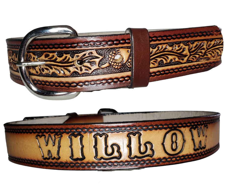 This leather belt features a gorgeous oak leaves and acorns design that stands out. The metal buckle is easily changed for convenience and comfort, making it a perfect addition to any outfit. The 1 1/4" belt is stocked in our Smyrna, TN store outside Nashville.