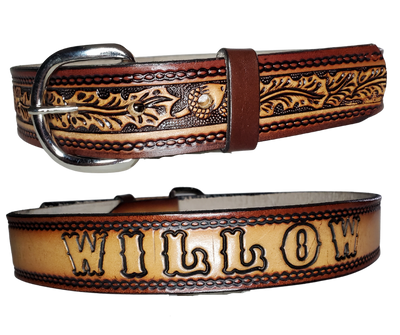 This leather belt features a gorgeous oak leaves and acorns design that stands out. The metal buckle is easily changed for convenience and comfort, making it a perfect addition to any outfit. The 1 1/4" belt is stocked in our Smyrna, TN store outside Nashville.