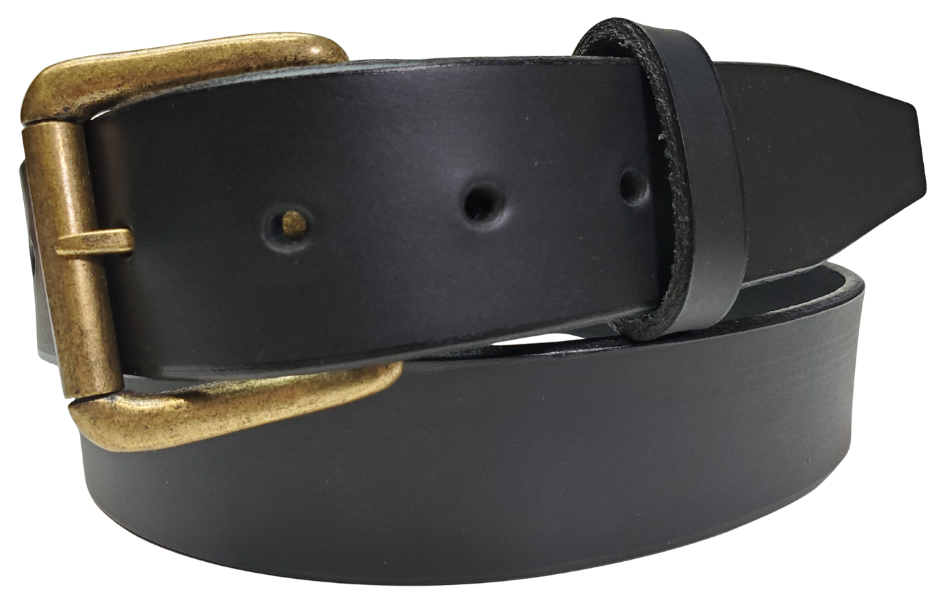 Black 
Great for The Office! This real Veg-Tan leather belt starts with a hand dyed 9-10oz (1/8"ish) leather belt strip. Comes in 2 widths and your choice of Antique Nickle or Brass colored buckle that is snapped in for easy removal. It is handmade in our Smyrna, TN shop, which is located just outside of Nashville.