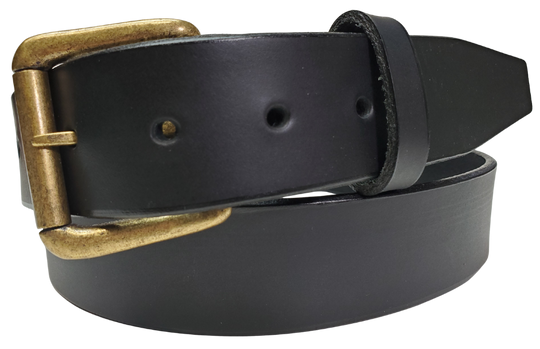 Black 
Great for The Office! This real Veg-Tan leather belt starts with a hand dyed 9-10oz (1/8"ish) leather belt strip. Comes in 2 widths and your choice of Antique Nickle or Brass colored buckle that is snapped in for easy removal. It is handmade in our Smyrna, TN shop, which is located just outside of Nashville.
