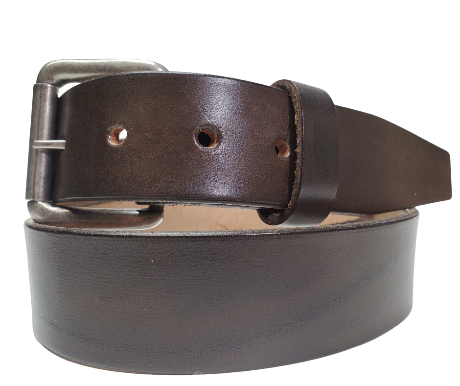 Dark Brown
Great for The Office! This real Veg-Tan leather belt starts with a hand dyed 9-10oz (1/8"ish) leather belt strip. Comes in 2 widths and your choice of Antique Nickle or Brass colored buckle that is snapped in for easy removal. It is handmade in our Smyrna, TN shop, which is located just outside of Nashville.