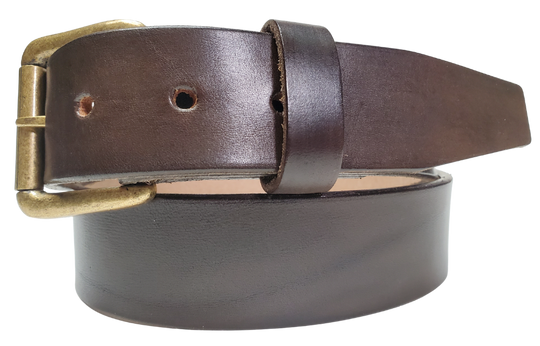 Dark Brown
Great for The Office! This real Veg-Tan leather belt starts with a hand dyed 9-10oz (1/8"ish) leather belt strip. Comes in 2 widths and your choice of Antique Nickle or Brass colored buckle that is snapped in for easy removal. It is handmade in our Smyrna, TN shop, which is located just outside of Nashville.