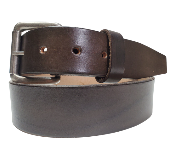 Dark Brown
Great for The Office! This real Veg-Tan leather belt starts with a hand dyed 9-10oz (1/8"ish) leather belt strip. Comes in 2 widths and your choice of Antique Nickle or Brass colored buckle that is snapped in for easy removal. It is handmade in our Smyrna, TN shop, which is located just outside of Nashville.