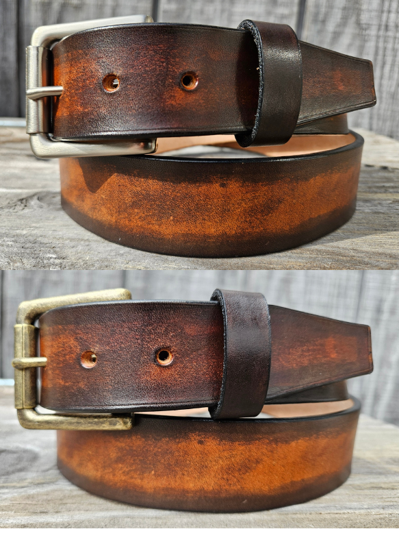 This real Veg-Tan leather belt starts with a hand dyed and finished 9-10oz (1/8"ish) leather belt strip. Great for the casual days at the Office or running round town. Comes in a 1 1/2" width and your choice of Antique Nickle or Brass colored buckle that is attached by screw post for easy removal. It is handmade in our Smyrna, TN shop, which is located just outside of Nashville.