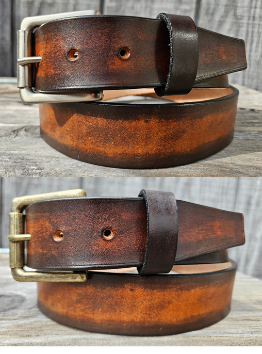 This real Veg-Tan leather belt starts with a hand dyed and finished 9-10oz (1/8"ish) leather belt strip. Great for the casual days at the Office or running round town. Comes in a 1 1/2" width and your choice of Antique Nickle or Brass colored buckle that is attached by screw post for easy removal. It is handmade in our Smyrna, TN shop, which is located just outside of Nashville.