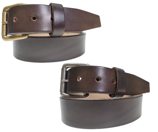 Dark Brown
Great for The Office! This real Veg-Tan leather belt starts with a hand dyed 9-10oz (1/8"ish) leather belt strip. Comes in 2 widths and your choice of Antique Nickle or Brass colored buckle that is snapped in for easy removal. It is handmade in our Smyrna, TN shop, which is located just outside of Nashville.